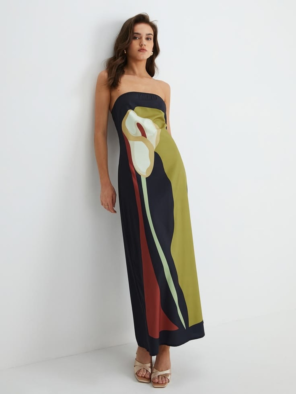 Strapless Floral-Print Maxi Dress in Olive and Black
